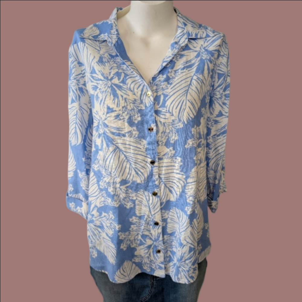 Anne Klein Linen White Floral Button Down Shirt Size L NWT
